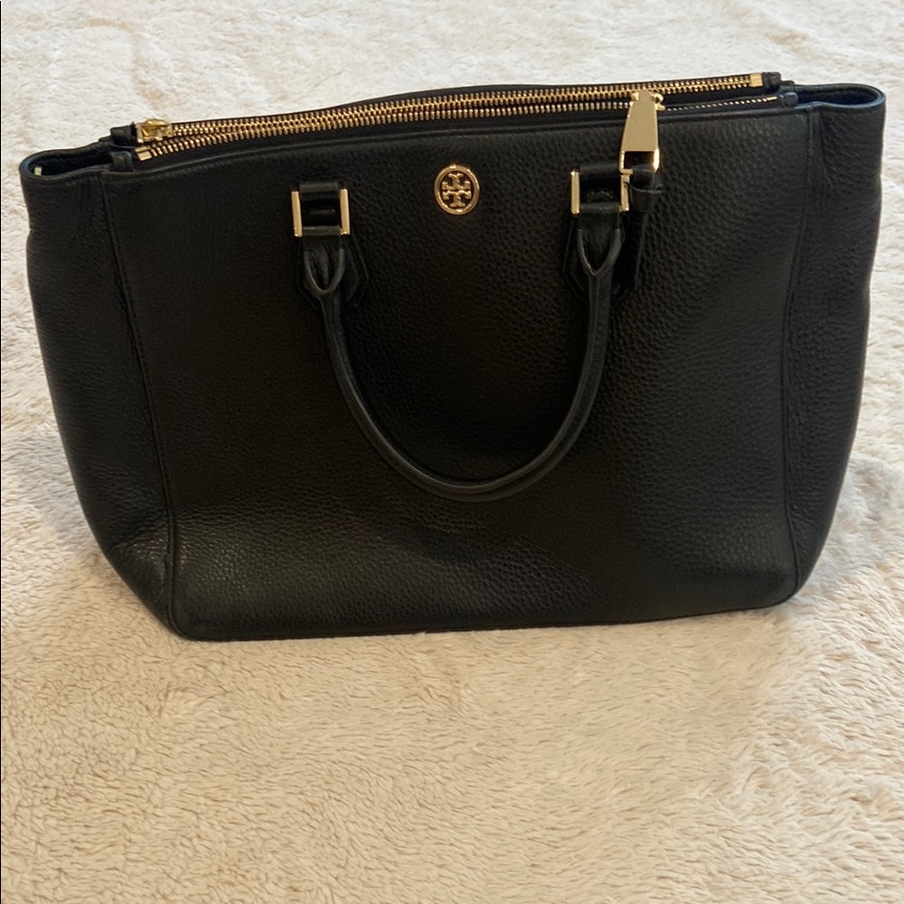 Tory Burch Robinson Black Pebbled Leather Double Zip Tote Satchel Bag